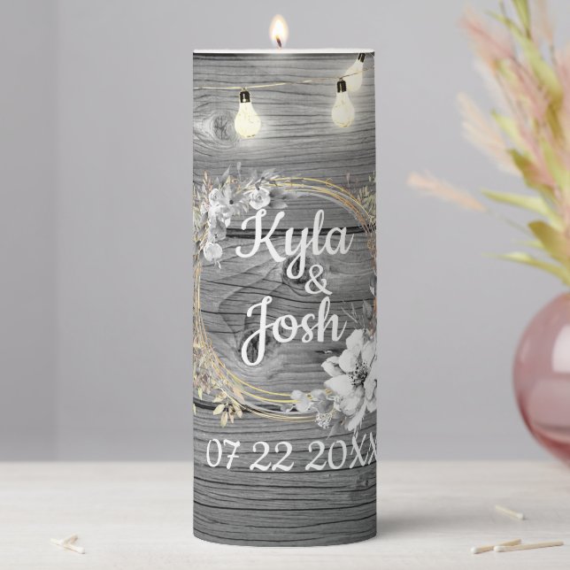 Stringed Lights Floral Wreath Rustic Wedding   Pillar Candle (In Situ)