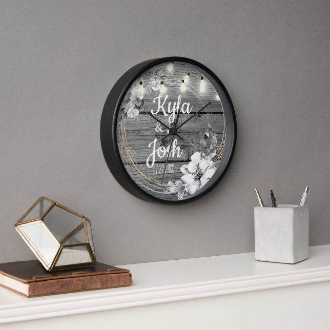 Stringed Lights Wreath Rustic Wedding    Clock (Office)