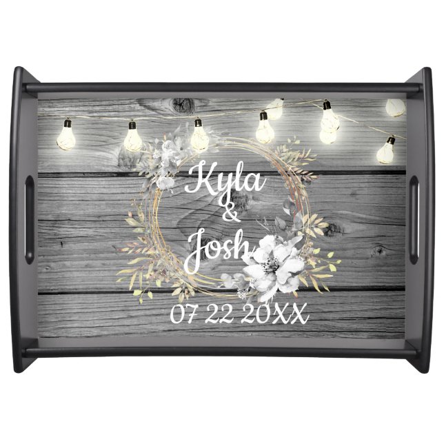 Stringed Lights Wreath Rustic Wedding Personalized Serving Tray (Front)