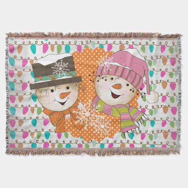 Strings of Lights and Snowmen Holiday Throw Throw Blanket (Front)