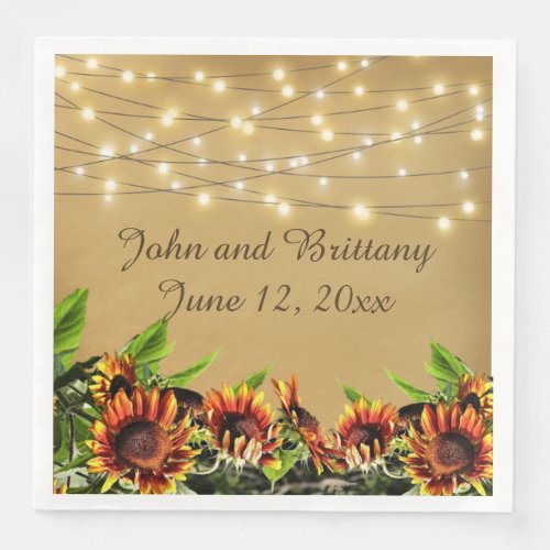 Strings of Lights and Sunflowers Wedding Paper Dinner Napkins