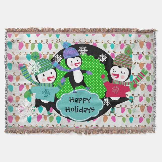 Strings of Lights Skating Penguins Holiday Throw Throw Blanket (Front)