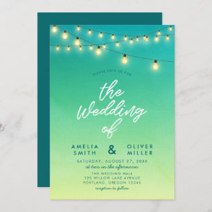 Strings of Lights Watercolor Sea Glass Wedding Invitation