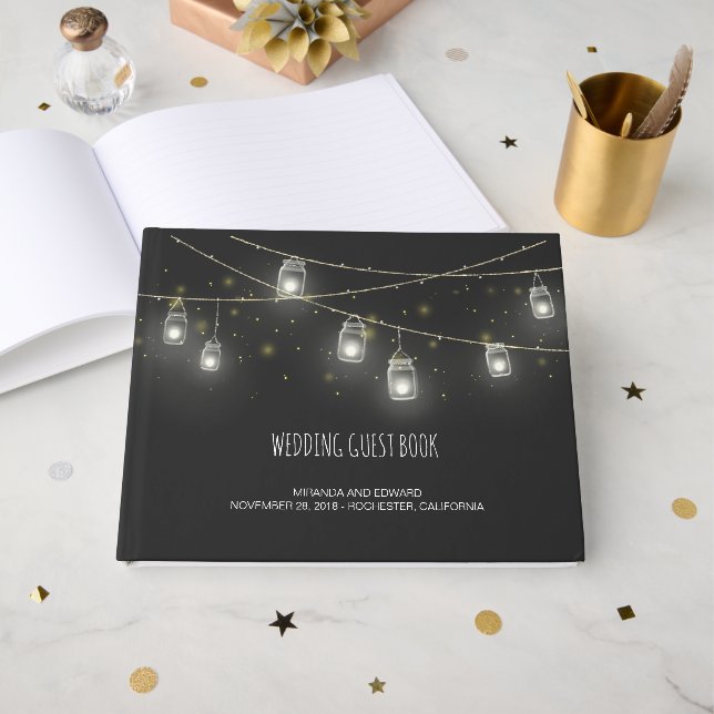 Strings of Mason Jars Fireflies Custom Wedding Guest Book (Front Open)