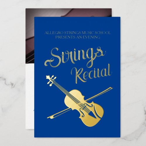 Strings recital violin classical music school blue foil invitation