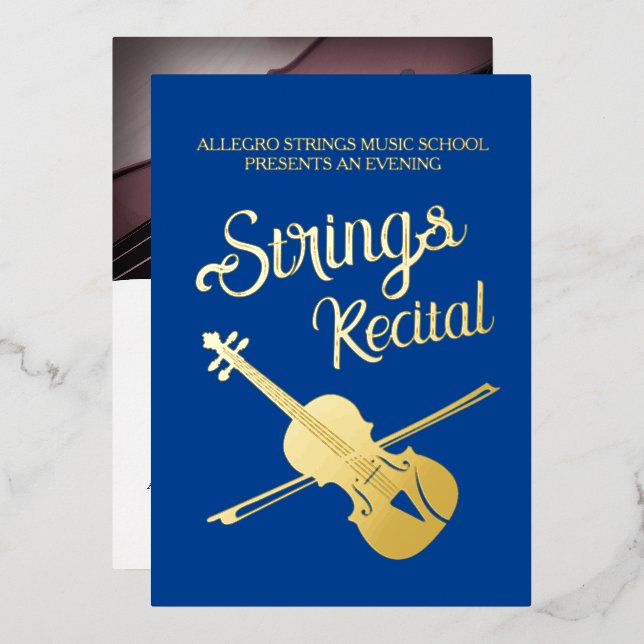 Strings recital violin classical music school blue foil invitation (Front/Back)