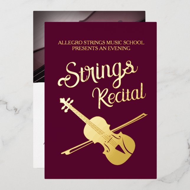 Strings recital violin classical school of music  foil invitation (Front/Back)
