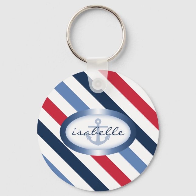 Stripe and Anchor Personalized Nautical Pattern Keychain (Front)