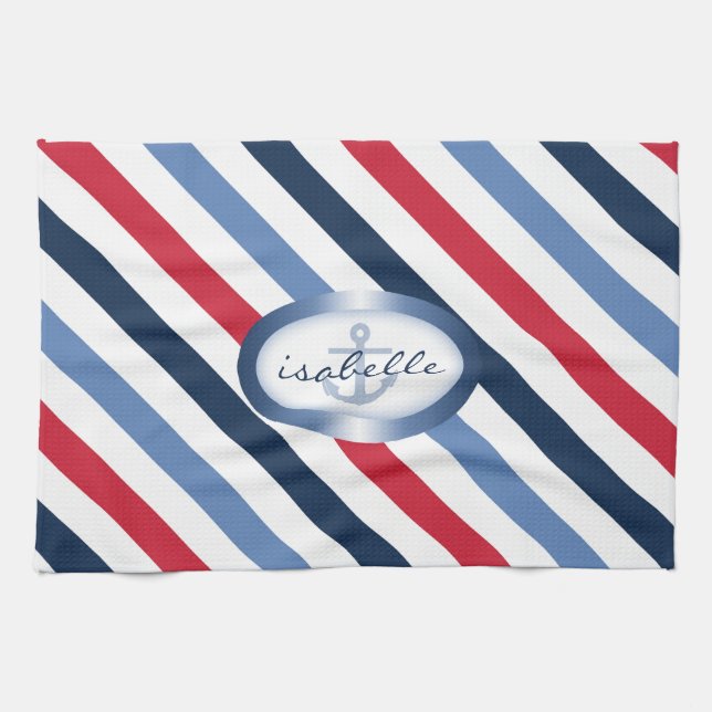 Stripe and Anchor Personalized Nautical Pattern Towel (Horizontal)