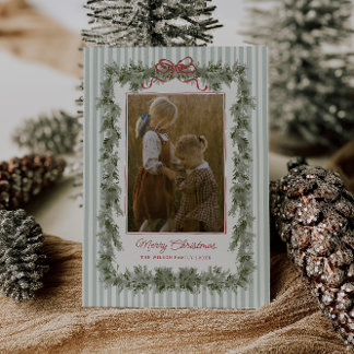 Stripe and Bow Christmas Photo Card Sage