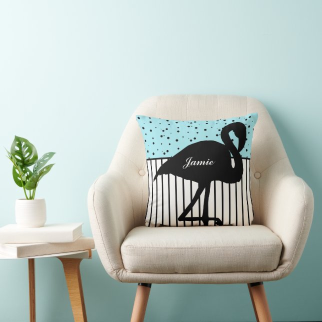 Stripe and Dots Modern Flamingo Black White Aqua Throw Pillow (Chair)