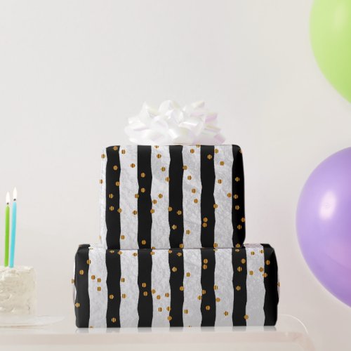 Stripe and Gold Dots on Black Wrapping Paper