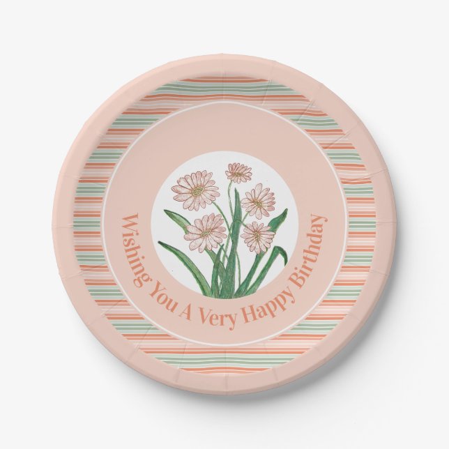 Stripe And Peach Floral  Paper Plates (Front)