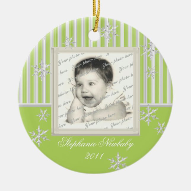 Stripe and Snowflakes Light Green Ceramic Ornament (Front)