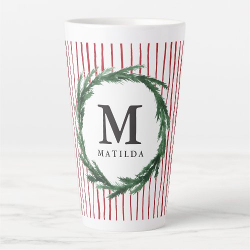 Stripe and watercolour initial wreath Christmas Latte Mug