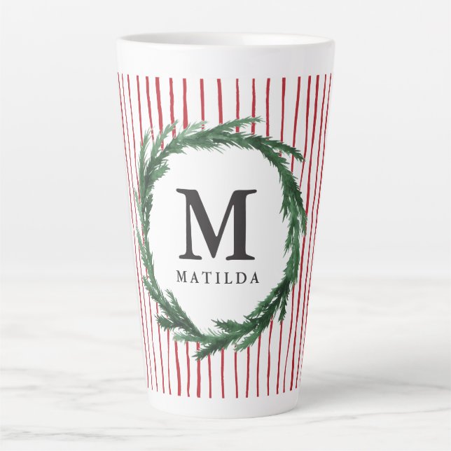 Stripe and watercolour initial wreath Christmas Latte Mug (Front)