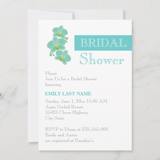 Stripe & aqua blue orchid wedding bridal shower invitation (Front)