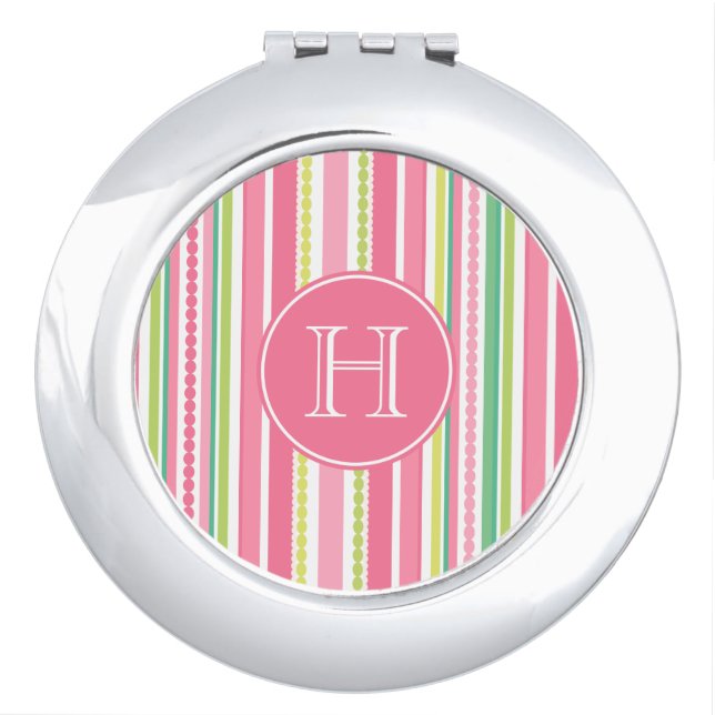 Stripe beads pink green monogram mirror compact (Front)