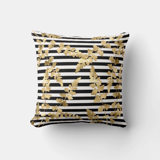 Stripe Black Gold leaf double sided hamptons Throw Pillow (Front)