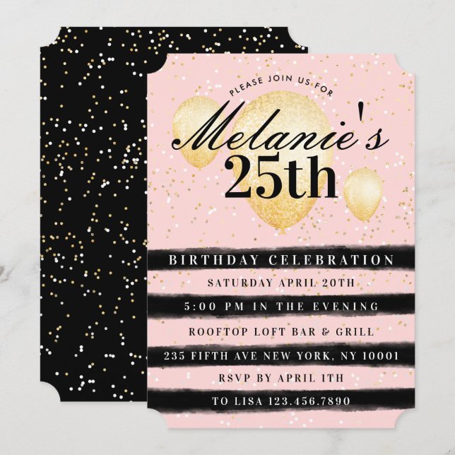 Stripe Black Pink Gold Balloon Birthday Invitation (Front/Back)