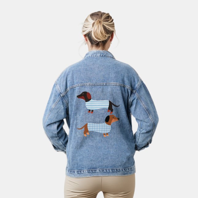 Stripe Blue Cute Dachshund Pet Lovers  Denim Jacket (Model)