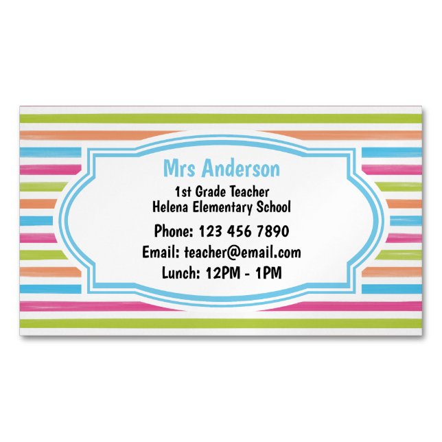 Stripe Contact the Teacher Business Card Magnet (Front)