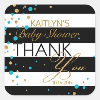 Stripe Gold Glitter Turquoise Sprinkles Thank You Square Sticker by NouDesigns at Zazzle