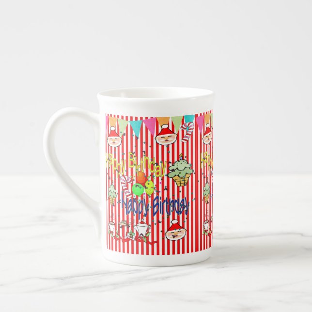 Stripe Happy Birthday Merry Christmas  Bone China Mug (Left)