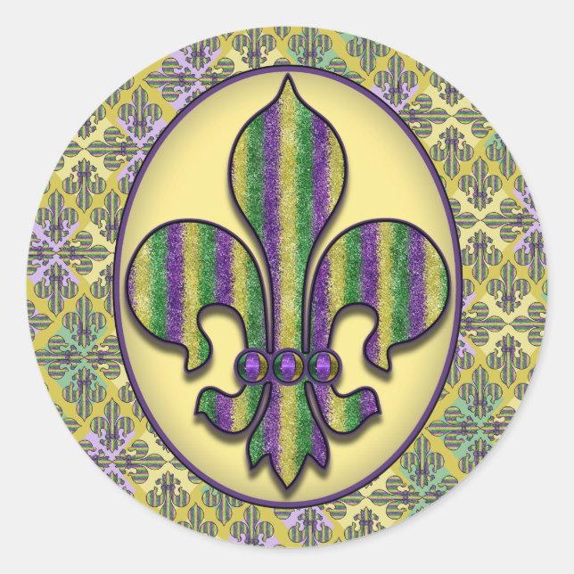 Stripe Mardi Gras Fleur de lis Classic Round Sticker (Front)
