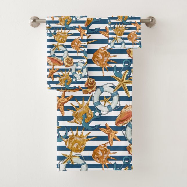Stripe Marine Pattern Anchor Life Line Sea Shells Bath Towel Set (Insitu)