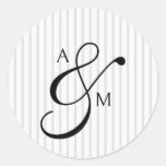 Stripe Monogram Script Ampersand Wedding Classic Round Sticker