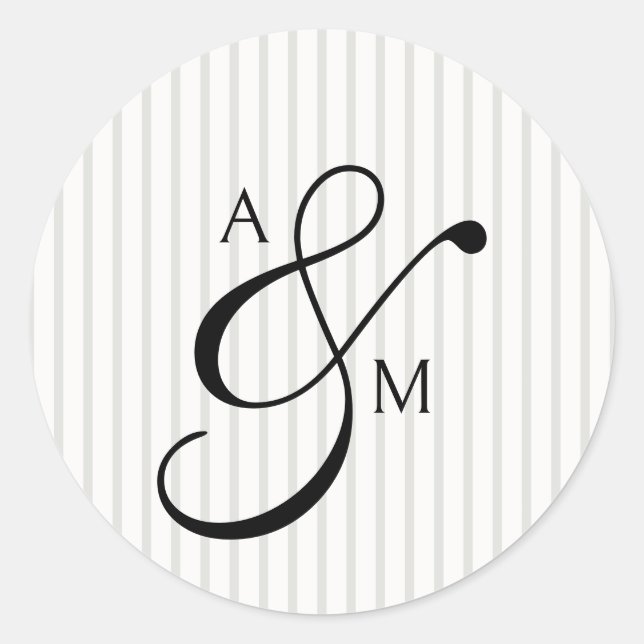 Stripe Monogram Script Ampersand Wedding Classic Round Sticker (Front)