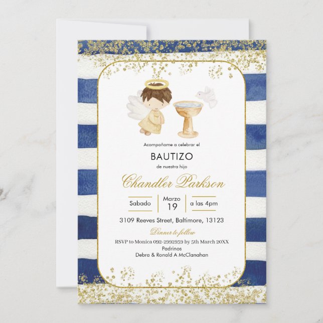 Stripe Navy Blue and Gold Boy Baptism Invitation (Front)