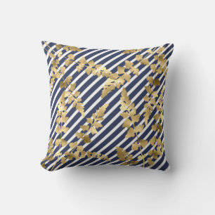 Stripe Navy White Gold leaf double sided hamptons Throw Pillow