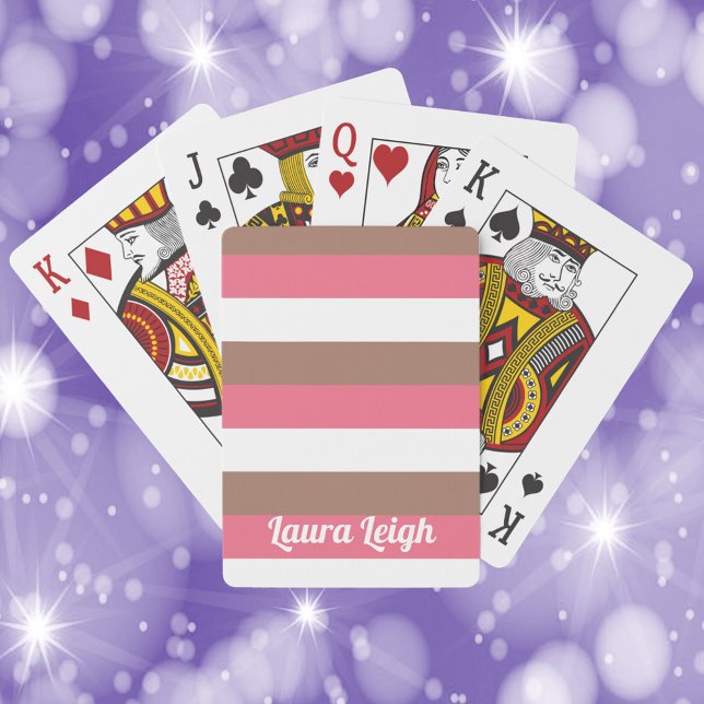 Stripe Pattern Brown Pink White Personalize Poker Cards (A deck of playing cards with pink, brown and white stripes with text that can be personalized!)