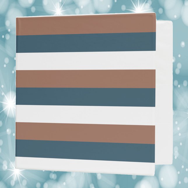 Stripe Pattern Brown Teal White 3 Ring Binder (A binder with a pattern of brown, teal and white stripes)
