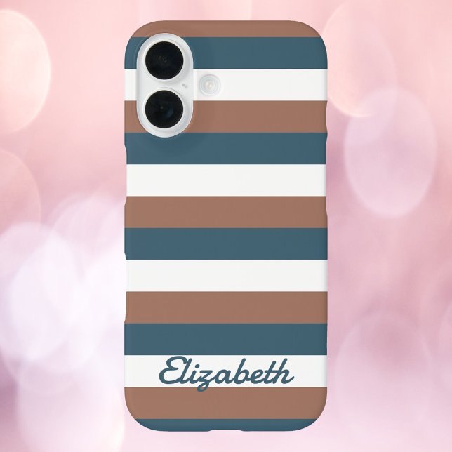 Stripe Pattern Brown Teal White Personalize Case-Mate iPhone Case (A phone case with teal, brown and white stripes and text you can personalize!)