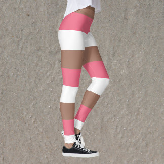 Stripe Pattern Mocha Brown Pink White Leggings
