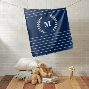 Stripe Pattern Navy Blue Initial Monogram Unisex Baby Blanket