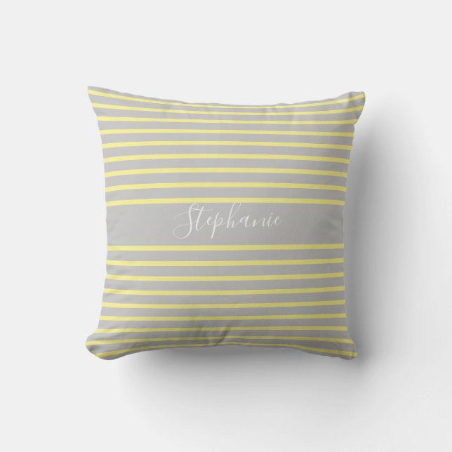 Stripe Patterns Custom Name White Yellow Grey Gray Outdoor Pillow (Front)