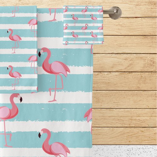 Stripe Pink Flamingo Pattern Bath Towel Set