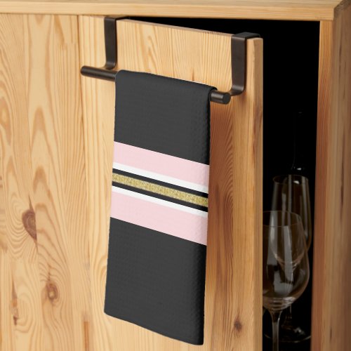 Stripe Pink White Gold Black Kitchen Hand Towel