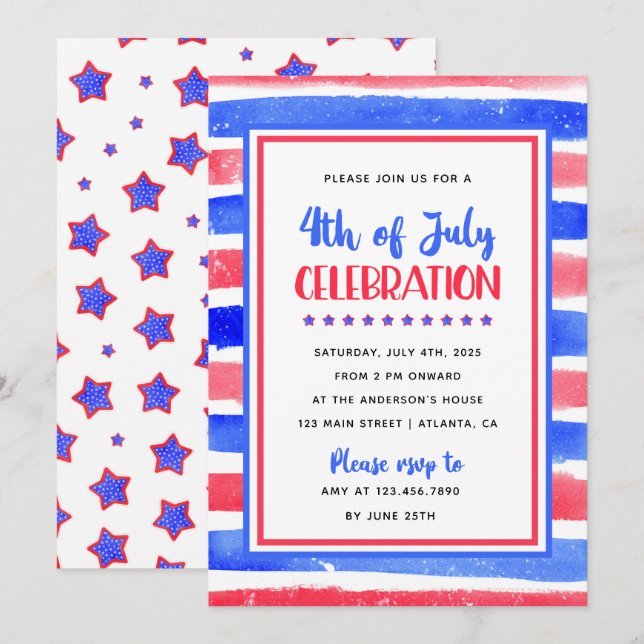 Stripe Red and Blue 4th July Party Invitation (Front/Back)