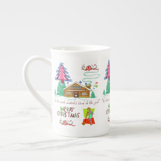 Stripe Red Green Merry Christmas Cleaning Lady Bone China Mug (Left)