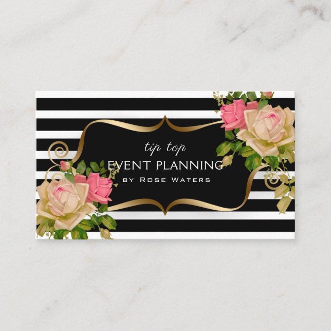 Stripe Rose Flower Gold Frame Business Card (Front)