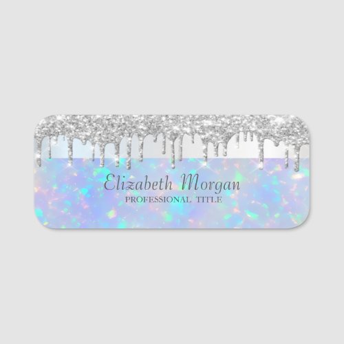 Stripe Silver Glitter Drips Holographic Opal Name Tag