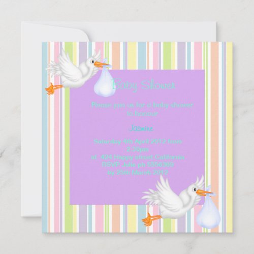 STRIPE STORK LILAC BABY SHOWER INVITATION