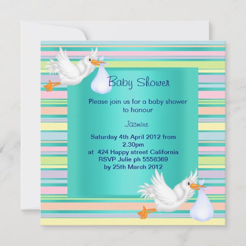 STRIPE STORK TEAL BABY SHOWER INVITATION