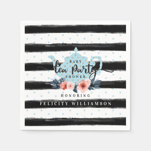 Stripe Vintage Floral Tea Party Boy Baby Shower Napkins