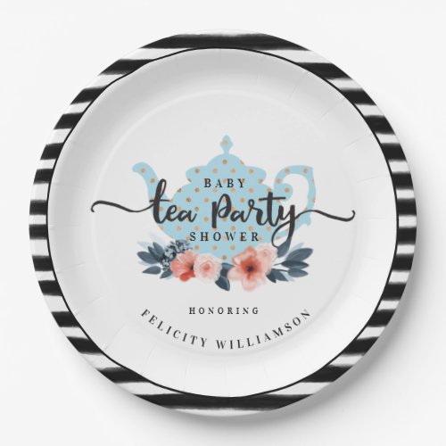 Stripe Vintage Floral Tea Party Boy Baby Shower Paper Plates